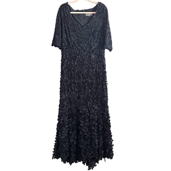 Theia Dresses & Skirts - THEIA Black Beaded Petal 3-D Applique V-Neck Gown Floral - Plus Curve Sz 16